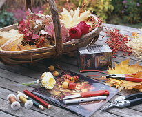 Bottle dressed in leaves (1/6). Basket with hydrangea (hydrangea), acer (maple leaves)