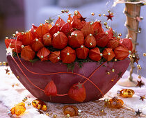 Bowl with Physalis (lampion flower) (4/4). Lampions, decorative needles, wire with beads