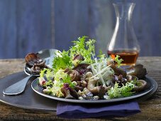Blattsalat-Mix mit gegrillten Pilzen, Haselnüssen und Holunderbeersaft-Vinaigrette