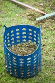 Blue plastic basket full of lawn thatch on green lawn