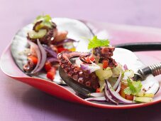 Octopus and vegetable salad with chili, coriander and peppers