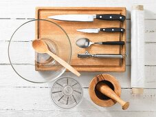Kitchen utensils for making marinated chicken and vegetables in seasoning