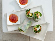 Summer rolls with glass noodles, snow peas and chili sauce
