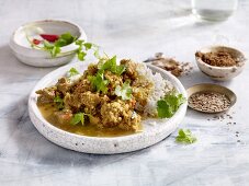 Schweinefleisch-Vindaloo mit Koriander und Reis (Indien)