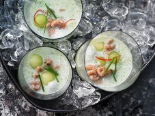 Diced melon and cucumber soup with crab