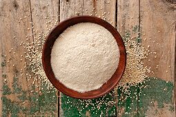 Amaranth flour in a wooden bowl