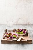 A leaf lettuce salad with red cabbage and wheat