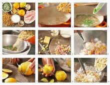 Nudelsalat mit Schinken, Erbsen und Orangen zubereiten