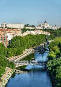 The view from the Teleférico de Madrid cable car of the Manzanares River in Madrid, Spain