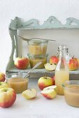 Apples, apple sauce, and apple juice on a shelf