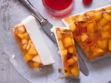 Kefir jelly with nectarines and raspberry coulis
