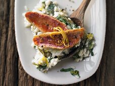 Risotto with spinach, ricotta and fried redfish fillets