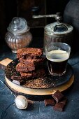 Chocolate brownies with a glass of coffee