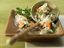 Pearl barley risotto with green soup, mountain cheese and parsley