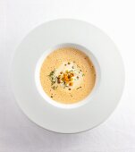 Frothy white wine soup with croutons and rosemary