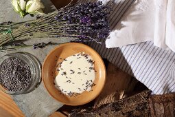 Lavender lotion in a small bowl