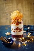 Trifle with small profiteroles, Pinotage jelly and a mandarin syrup