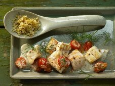 Pan fried zander with coarse mustard, tomatoes and dill