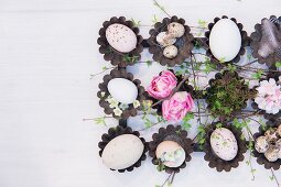 Arrangement of various eggs, twigs and flowers in vintage muffin cases on table
