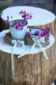 Horned violets in enamel cups with hay balls and bows on a white tree trunk surface