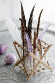 Various feathers in test tubes in wooden rack next to Easter eggs