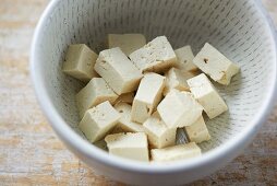 Diced tofu in a dish