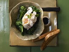 Poached eggs on spinach with a red wine sauce