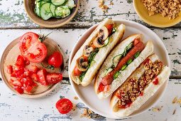 Assortment of homemade hot dogs with sausage, fried onion, tomatoes and cucumber