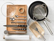 Kitchen utensils for making chicken roulades with vegetables and rice