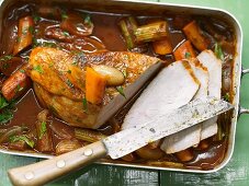 Veal roast with red wine and vegetables