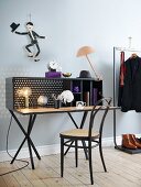 Desk, bentwood chair, men's clothing and purple accents