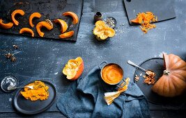 Sliced pumpkins, baked pumpkin wedges, pumpkin sticks and pumpkin mash