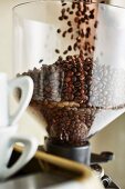 Coffee beans falling into a coffee mill