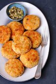Rice and carrot fritters with cheese and pumpkin seeds