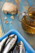 Frische Sardinen in blauer Styroporschale, Olivenöl und Brot