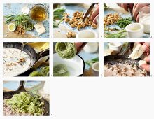 Green tagliatelle with gorgonzola sauce, walnuts and sage being made