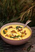 Pumpkin soup with bacon and toasted chickpeas