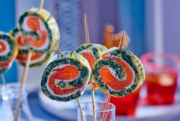 Omelette rolls with wasabi and smoked salmon (party food)