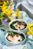 Baked duck eggs with wild garlic, truffle mushrooms and pancetta for Easter