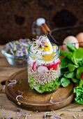 Buckwheat salad with egg and radish in a jar
