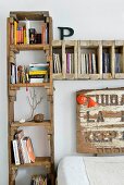 Bookcase made from reclaimed wood framing bed headboard