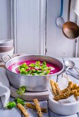 Beetroot and Brussels Sprout Soup with Dukkah Toasts