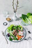 Rindersteak mit Asia-Gemüse, Glasnudeln, Erdnüssen und Ingwer-Limetten-Dressing