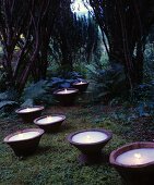 Large candles in wooden bowls amongst moss and ferns in garden
