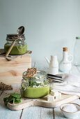 Pea and spinach soup with crumbed feta cheese