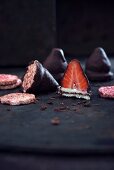 Vegan rice waffles with white chocolate, strawberries and a dark chocolate glaze