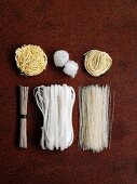 Various types of noodle from Asia (seen from above)