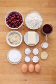 Ingredients for sour cherry cake with a glaze