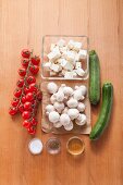 Ingredients for feta and vegetable skewers