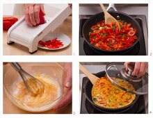 Vegetarian frittata with red pepper being made